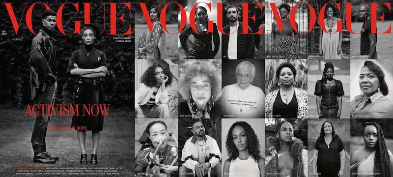 The British 'Vogue' September 2020 cover features 20 activists from around the world, and was photographed by Misan Harriman. Courtesy Vogue