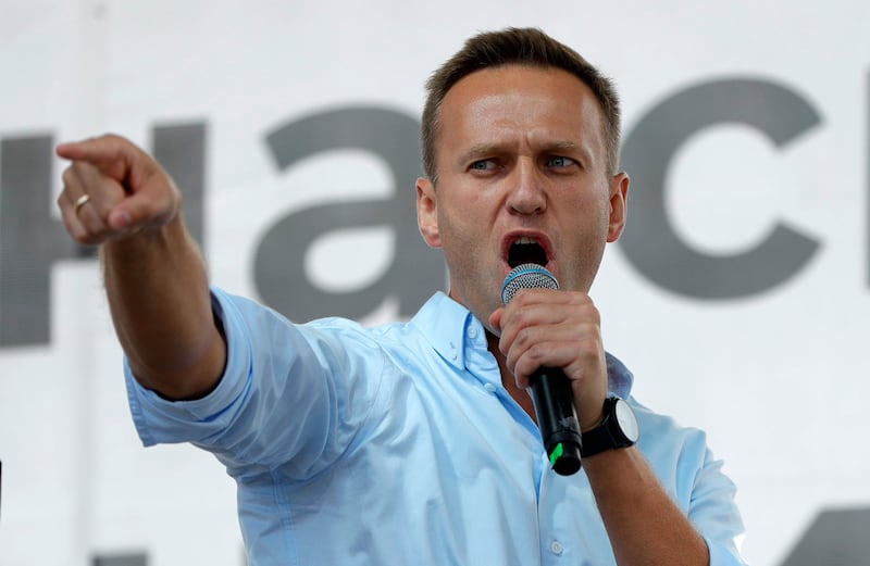 Mr Navalny addresses a crowd at a protest in Moscow, in 2019. AP