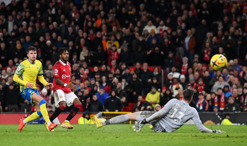 Fred scores the third against Forest. Getty