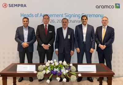 Officials at the agreement signing. Photo: Sempra, Aramco