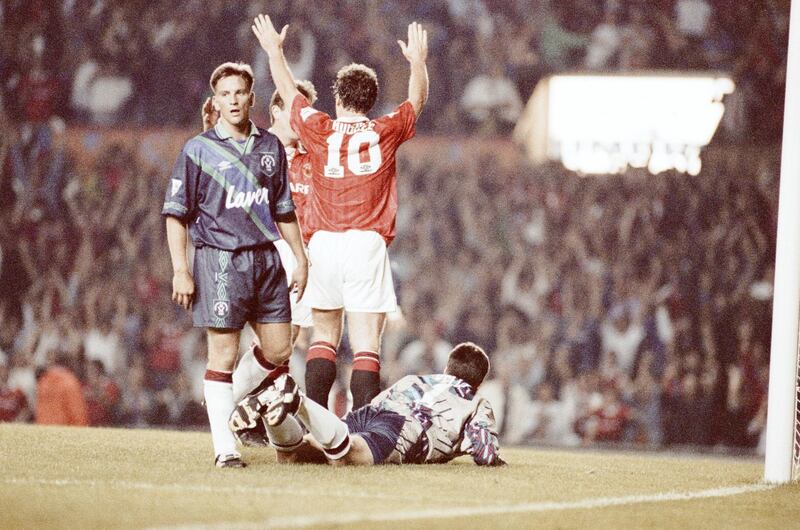 Manchester United v Sheffield United, Premier League match at Old Trafford, Wednesday 18th August 1993. Final score, Man United 3-0 Sheffield United. Our picture shows Mark Hughes celebrates after scoring goal, third goal. (Photo by Albert Cooper/Mirrorpix/Getty Images)