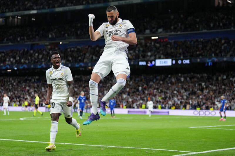 Karim Benzema of Real Madrid celebrates after scoring the first goal in the 2-0 victory over Chelsea in the Champions League quarter-final first leg at the Santiago Bernabeu stadium on April 12, 2023. Getty 