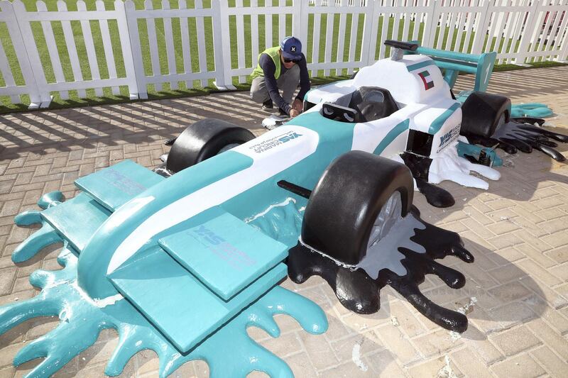 Abu Dhabi, United Arab Emirates - November 19, 2018: Melted F1 car. Preparation for F1 gets underway at at Yas Marina circuit. Monday the 19th of November 2018 at the Yas Marina, Abu Dhabi. Chris Whiteoak / The National