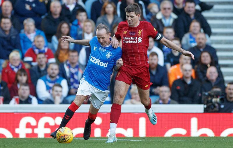 Liverpool's Steven Gerrard (right) and Rangers' Trevor Steven during the legends match at Ibrox Stadium, Glasgow. PA Photo. Picture date: Saturday October 12, 2019. Photo credit should read: Steve Welsh/PA Wire