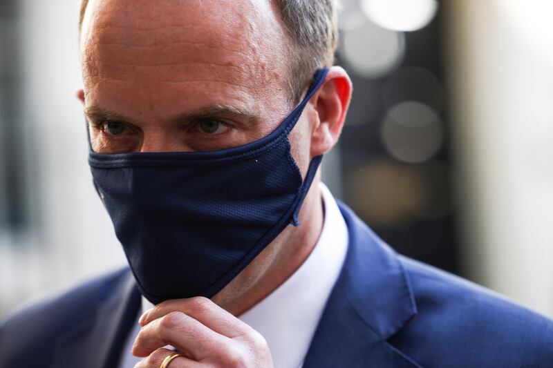 Britain's Foreign Secretary Dominic Raab leaves 10 Downing Street, in London, Britain, April 27, 2021. REUTERS/Henry Nicholls