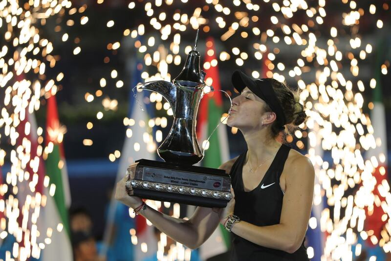 A happy Belinda Bencic kisses her trophy after winning the Dubai Duty Free Tennis Championships title. AP Photo