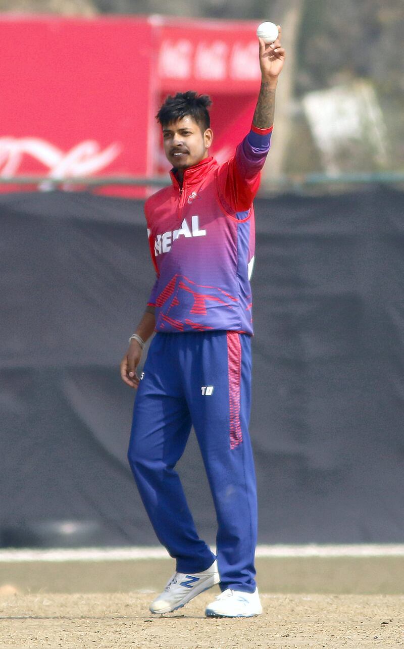 Sandeep Lamichhane of Nepal celebrates 6 wicket during the ICC Cricket World Cup League 2 match between Nepal and USA at TU Cricket Stadium on 12 Feb 2020 in Nepal