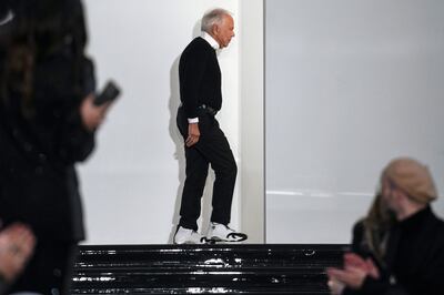 Ralph Lauren appears on the runway after unveiling his Fall-Winter 2022 fashion collection in New York. AP