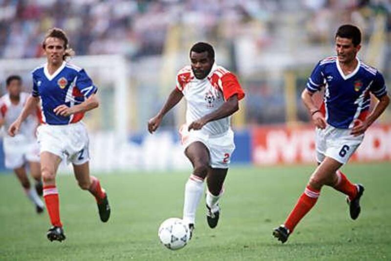 The UAE's Khaleel Mubarak on the attack against Yugoslavia in the 1990 World Cup in Italy.