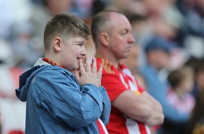 SUNDERLAND, ENGLAND - APRIL 21:  Sunderland fans react during the Sky Bet Championship match between Sunderland and Burton Albion at Stadium of Light on April 21, 2018 in Sunderland, England. (Photo by Nigel Roddis/Getty Images )