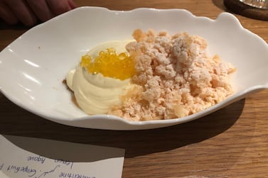 Vanilla cream, citrus preserve and peach vinegar - the highlight of Lowe's Waste Not supper in Duabi. Sophie Prideaux / The National 