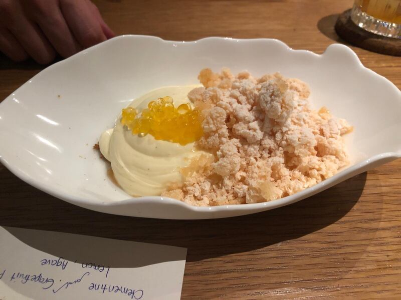 Vanilla cream, citrus preserve and frozen peach vinegar at Lowe's Waste Not supper. Sophie Prideaux / The National