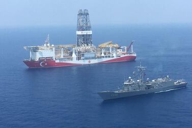 Turkish frigate Gaziantep escorts a drilling ship in the eastern Mediterranean near Cyprus. Turkish Defence Ministry / AFP