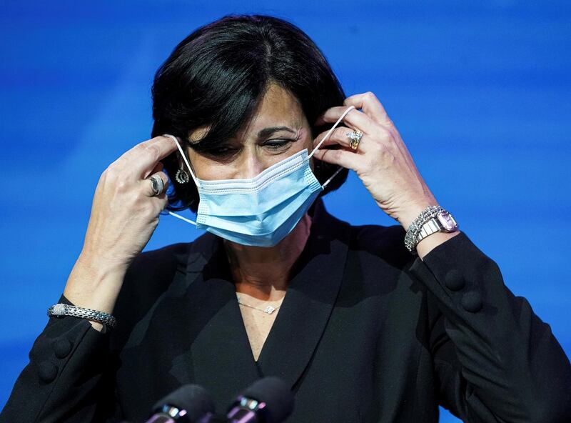 FILE PHOTO: Dr. Rochelle Walensky, U.S. President-elect Joe Biden's appointee to run the U.S. Centers for Disease Control and Prevention (CDC), removes her mask to speak as Biden announces nominees and appointees to serve on his health and coronavirus response teams during a news conference at his transition headquarters in Wilmington, Delaware, U.S., December 8, 2020. REUTERS/Kevin Lamarque/File Photo