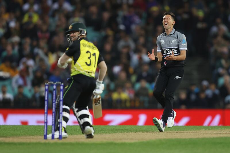 Trent Boult reacts after bowling during the match between Australia and New Zealand. Getty