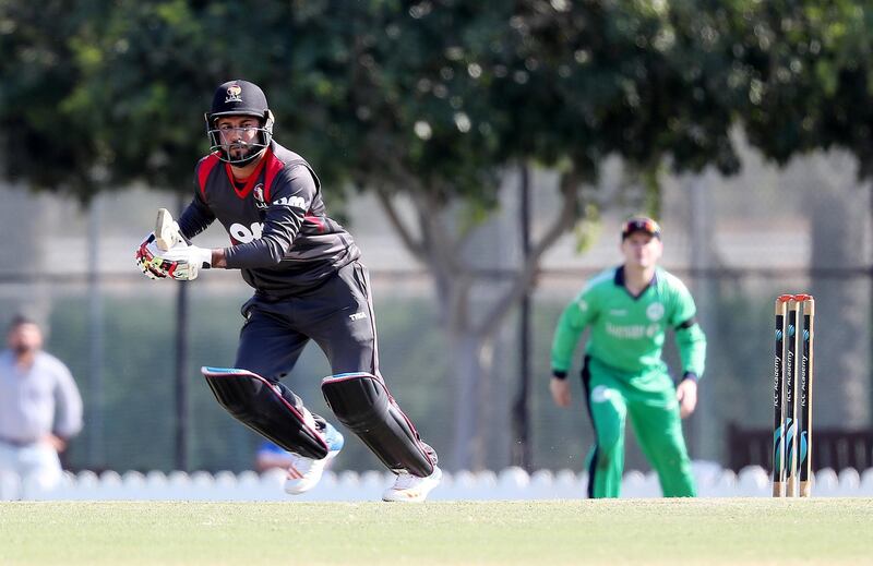 DUBAI , UNITED ARAB EMIRATES , JAN 11 – 2018 :-  Mohammad Naveed of UAE playing a shot during the one day international cricket match between UAE vs Ireland held at ICC Academy in Dubai Sports City in Dubai.  (Pawan Singh / The National) For Sports. Story by Paul Radley