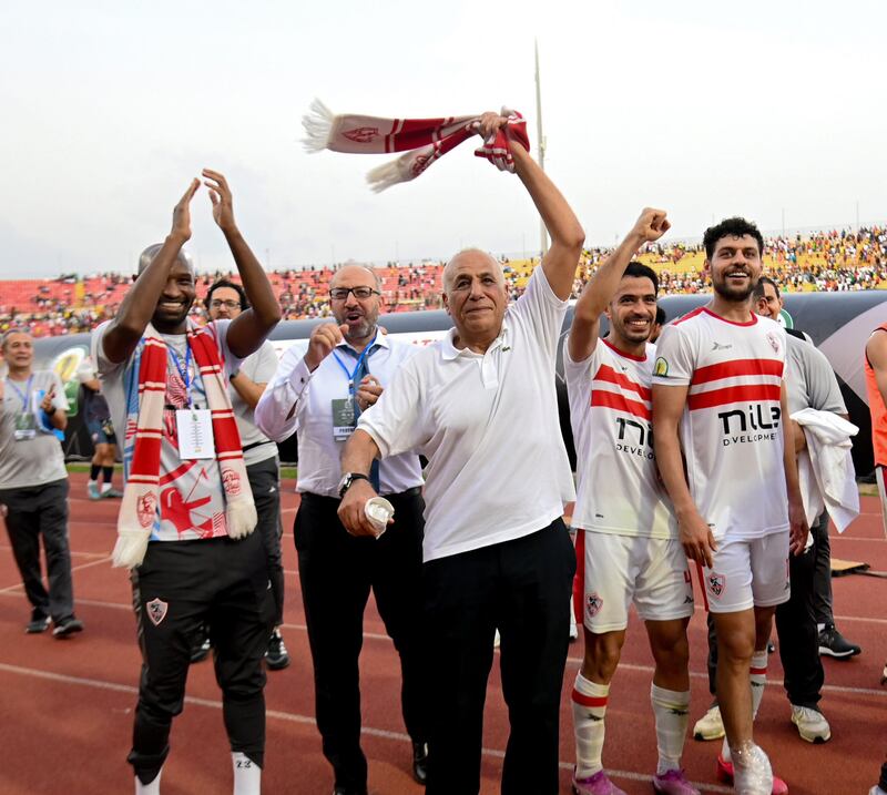Zamalek players and officials celebrate reaching the CAF Confederations Cup final with a 3-0 aggregate win over Dreams of Ghana.