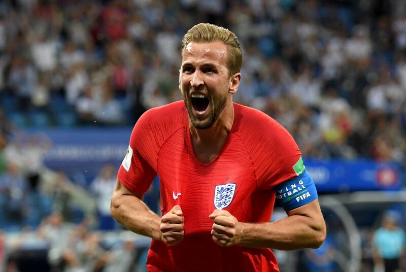 VOLGOGRAD, RUSSIA - JUNE 18:  Harry Kane of England celebrates after scoring his team's second goal during the 2018 FIFA World Cup Russia group G match between Tunisia and England at Volgograd Arena on June 18, 2018 in Volgograd, Russia.  (Photo by Matthias Hangst/Getty Images)