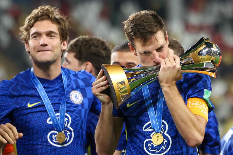 Cesar Azpilicueta kisses the Fifa Club World Cup trophy after captaining Chelsea to victory over Brazil's Palmeiras at Mohammed bin Zayed Stadium in Abu Dhabi, on February 12, 2022. AFP