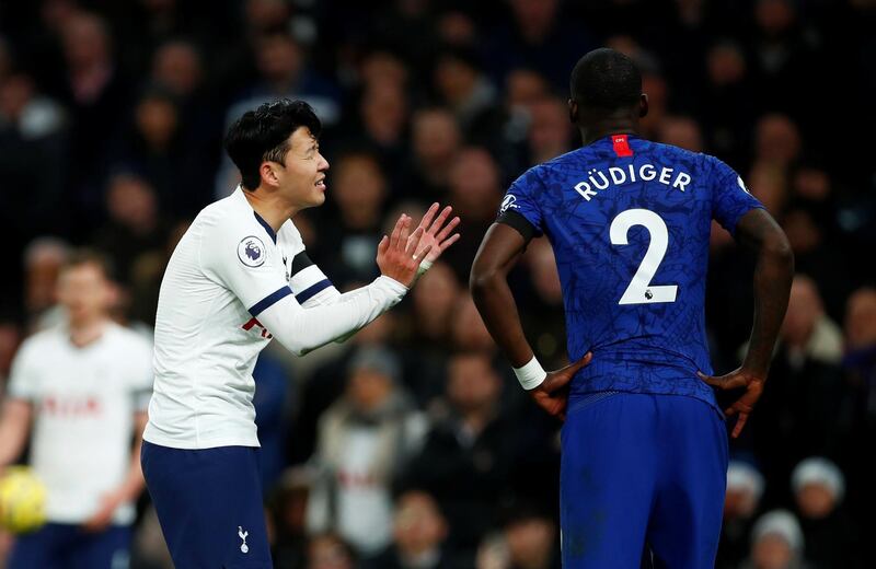 Tottenham Hotspur's Son Heung-min, left, was sent-off after clashing with Antonio Rudiger of Chelsea. Reuters