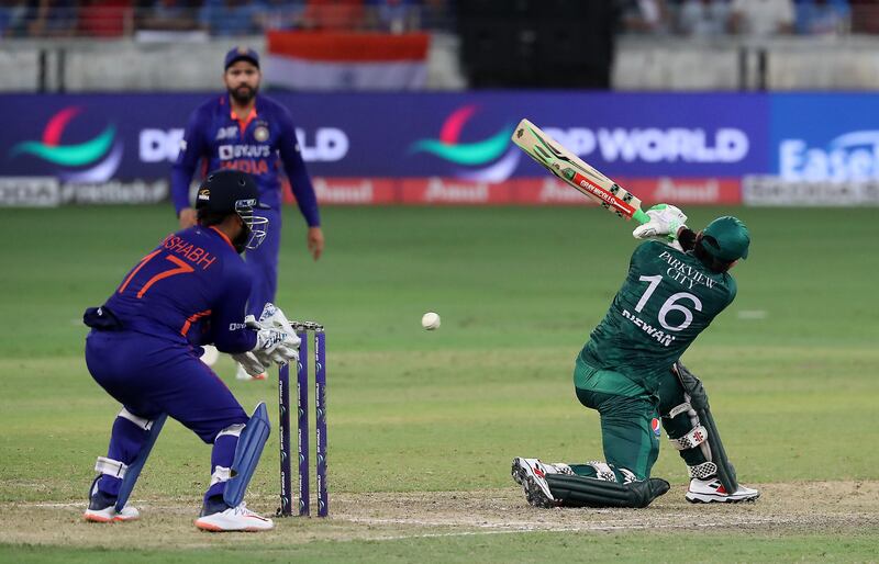 Pakistan's Mohammad Rizwan plays a shot. Pawan Singh / The National