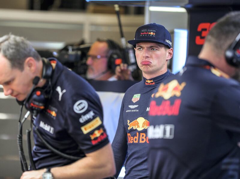 Abu Dhabi, U.A.E., November 23, 2018.  
Etihad Airways Abu Dhabi grand Pric Formula 1 practice session. --   Max Verstappen at the Aston Martin Red Bull Racing pit before the second practice session of the day.
Victor Besa / The National
Section:  NA
Reporter: