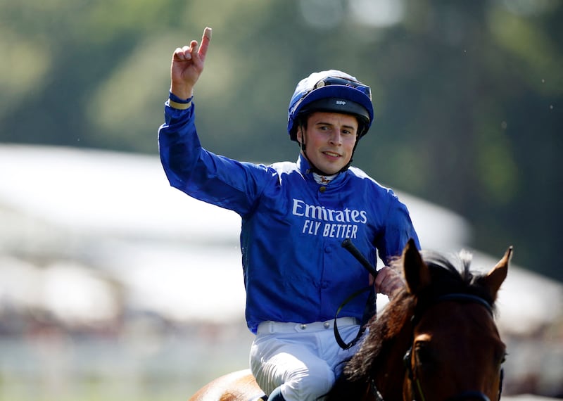 Jockey William Buick celebrates after winning The St James’s Palace Stakes at Royal Ascot on Coroebus. Reuters