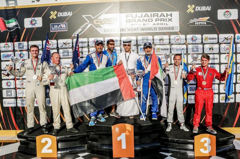 (L-R) Second, First, and Third place winners of the Fujairah Grand Prix, Tom Barry-Cotter and Ross Willaton of Gold Coast Australia, Arif Al Zaffain and Nadir Bin Hendi of Victory Team, and Mikael Bengtsson and Erik Stark of Swecat Racing, celebrate after the Fujairah Grand Prix. Darren Arthur / Getty Images