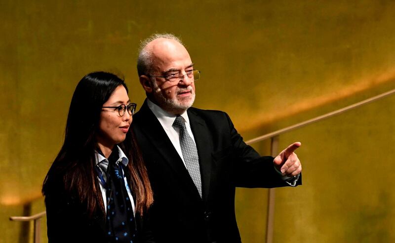 Iraq's Foreign Minister Ibrahim al-Jaafari arrives to address the 73rd session of the General Assembly at the United Nations in New York on September 28, 2018.  / AFP / KENA BETANCUR
