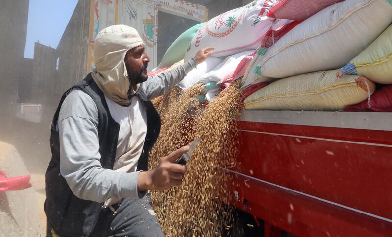 Workers unload wheat at the Banha grain silos.