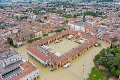 The Pavaglione historical landmark surrounded by floodwater in Lugo, in Ravenna province. Bloomberg