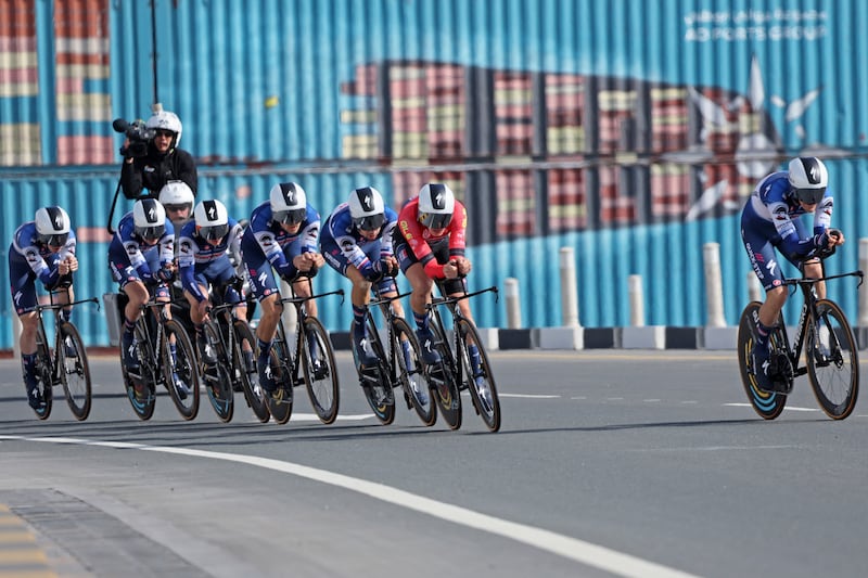 The Soudal Quick-Step team beats EF Education-EasyPost in stage two's team time trial in Abu Dhabi. AFP