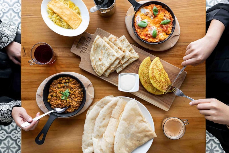 The Emirati breakfast spread at Treej Cafe 