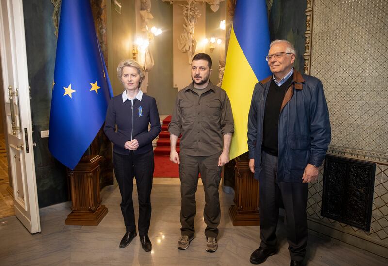 European Commission President Ursula von der Leyen, Ukrainian President Volodymyr Zelenskyy and EU foreign affairs envoy Josep Borrell during their meeting in Kyiv, Ukraine. EPA