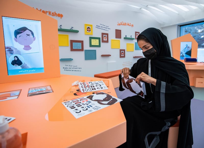 Louvre Abu Dhabi Children’s Museum reopens this week. Preview/tour of the revamped space June, 15, 2021. Fatma Iqbal at the Artist's Workshop.  Victor Besa / The National. 
Reporter: Alexandra Chaves for Arts & Culture