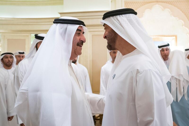 ABU DHABI, UNITED ARAB EMIRATES -  February 21, 2018: HH Sheikh Mohamed bin Zayed Al Nahyan, Crown Prince of Abu Dhabi and Deputy Supreme Commander of the UAE Armed Forces (R), greets HH Sheikh Saud bin Rashid Al Mu'alla, UAE Supreme Council Member and Ruler of Umm Al Quwain (L), during the wedding reception of Abdullah Saeed bin Omeir Al Mehairi (not shown), who is marrying the daughter of HHE Jaber Al Suwaidi, General Director of the Crown Prince Court - Abu Dhabi  (not shown). Seen at Emirates Palace.
( Ryan Carter for the Crown Prince Court - Abu Dhabi )
---