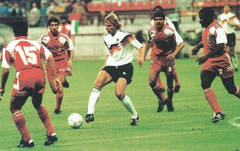 The UAE national team facing West Germany on June 15, 1990, in Milan during the 1990 Fifa World Cup. To mark the 25th anniversary of the UAE qualifying for the 1990 World Cup, Image Nation is producing a documentary to remind fans of the national team's achievements. Photo courtesy Al Ittihad