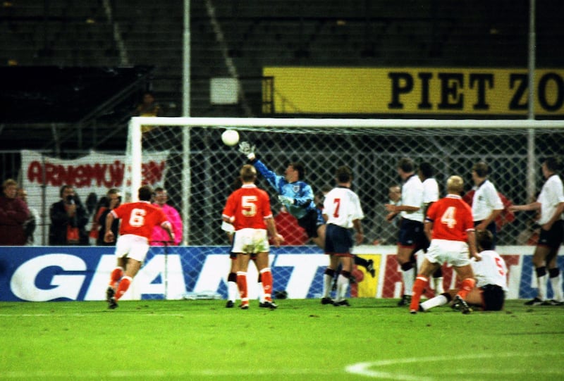 Mandatory Credit: Photo by Colorsport/Shutterstock (3157166a)
Ronald Koeman (4) (Holland) scores his goal from a free kick past the diving David Seaman (Eng) Holland v England World Cup Qualifier in Rotterdam 13/10/1993 Holland v England
Sport