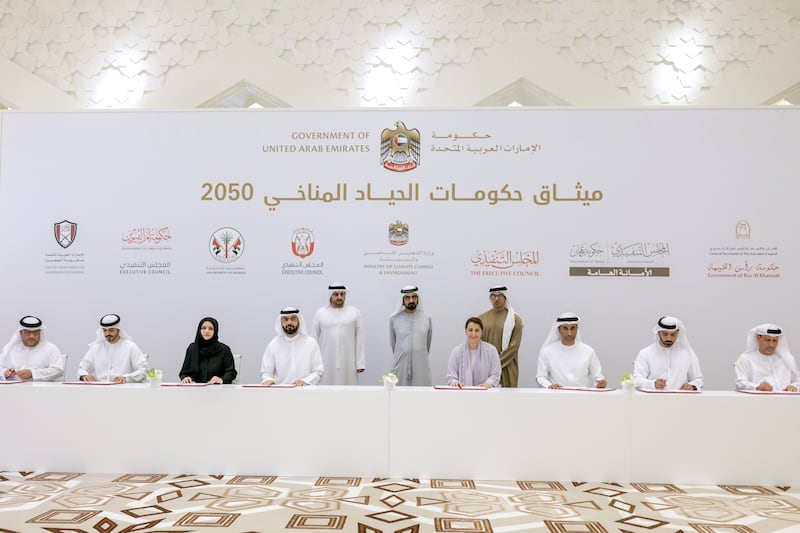 Representatives from seven emirates signed the Net Zero 2050 Charter. Photo: Wam