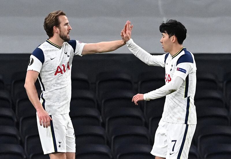 Harry Kane celebrates with Son Heung-min after scoring. against Dinamo Zagreb on March 11. PA