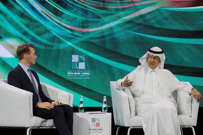 Saudi Arabia's Minister of Energy Prince Abdulaziz bin Salman speaking at the business conference. Reuters