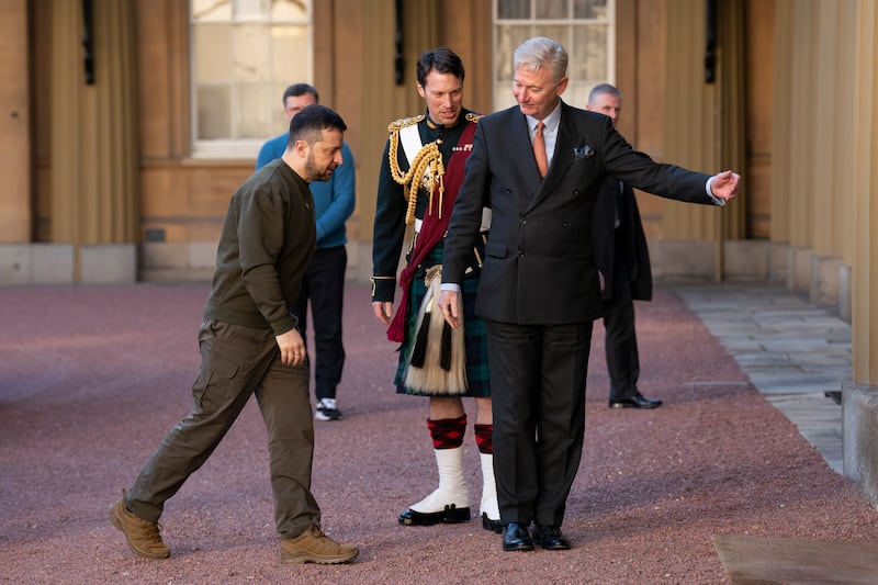 Mr Zelenskyy is greeted as he arrives at Buckingham Palace. Getty