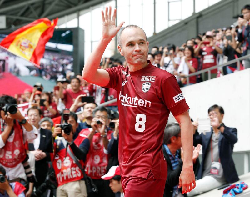 Andres Iniesta walks out into Noevir Stadium to greet fans of his new club Vissel Kobe during a welcome event in Kobe, western Japan. Michi Ono / AP Photo