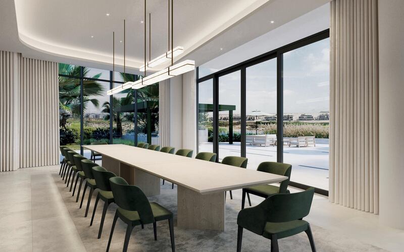 Neutral hues with pops of green in the dining room of Lawson’s Dubai Hills project. Courtesy Alix Lawson