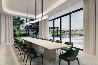 Neutral hues with pops of green in the dining room of Lawson’s Dubai Hills project. Courtesy Alix Lawson