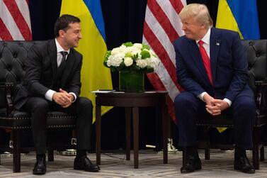 US President Donald Trump and Ukrainian President Volodymyr Zelensky speak during a meeting in New York, September 2019. Saul Loeb/ AFP