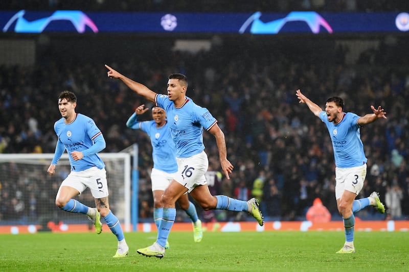 Manchester City's Rodri celebrates after scoring his team's first goal. Getty 