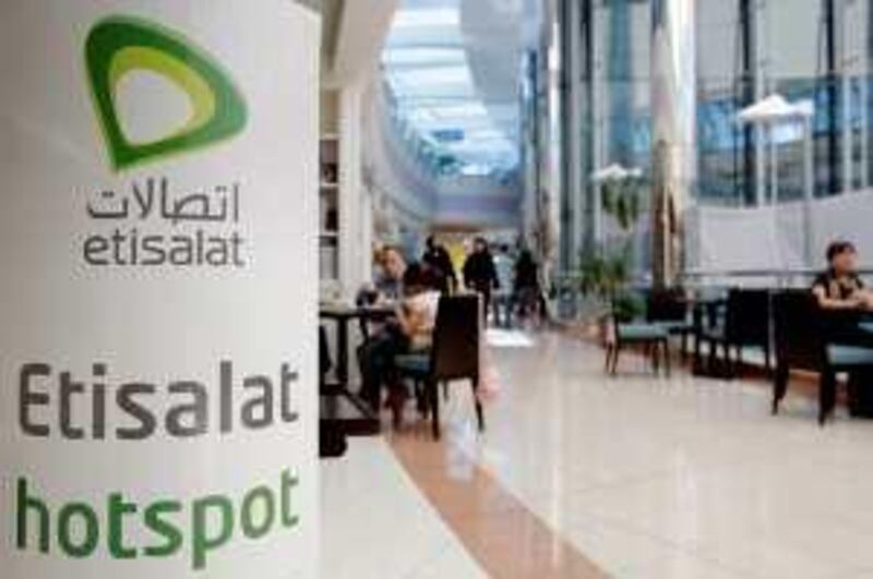 ABU DHABI, UNITED ARAB EMIRATES - May 30, 2009: A etisalat outlet in Abu Dhabi Mall. 
 ( Ryan Carter / The National )

*** stock, etisalat, cell phone, telecomunications, mobile phones, phone,  *** Local Caption ***  RC022-StockMay.JPGRC022-StockMay.JPG