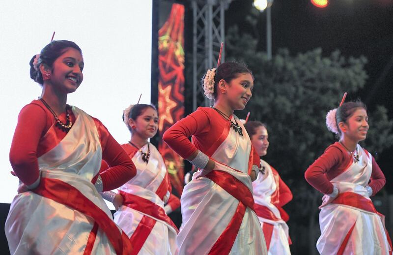 Abu Dhabi, United Arab Emirates - Dance performances showcasing different South Asian countries by the Abu Dhabi Indian School at the International WorkerÕs Day event on Saadiyat Accommodation Village. Khushnum Bhandari for The National