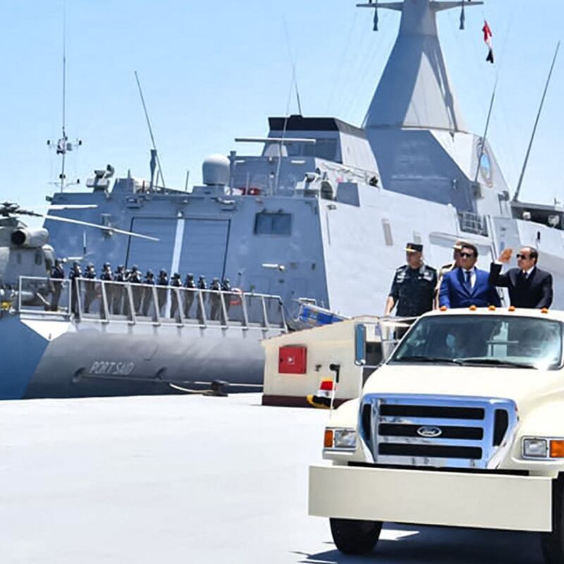 President Abdel Fattah E Sisi, right, attends the opening of a new Egyptian naval base in Gargoub on July 3, 2021. Egyptian presidency